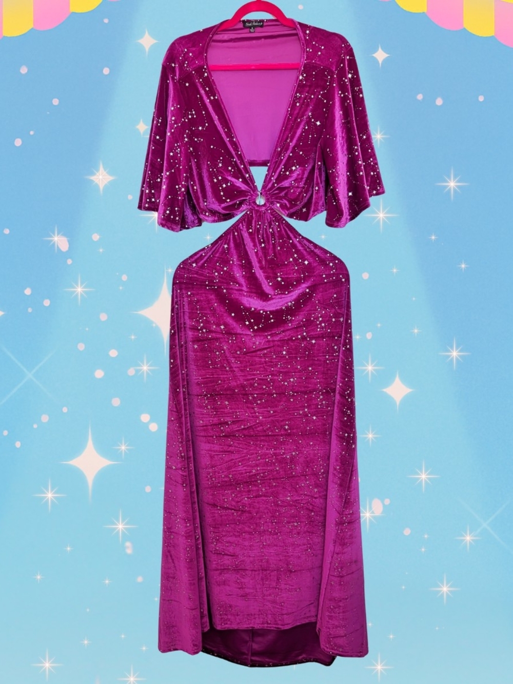 Unique Vintage Magenta Celestial Velvet Cutout Maxi Dress